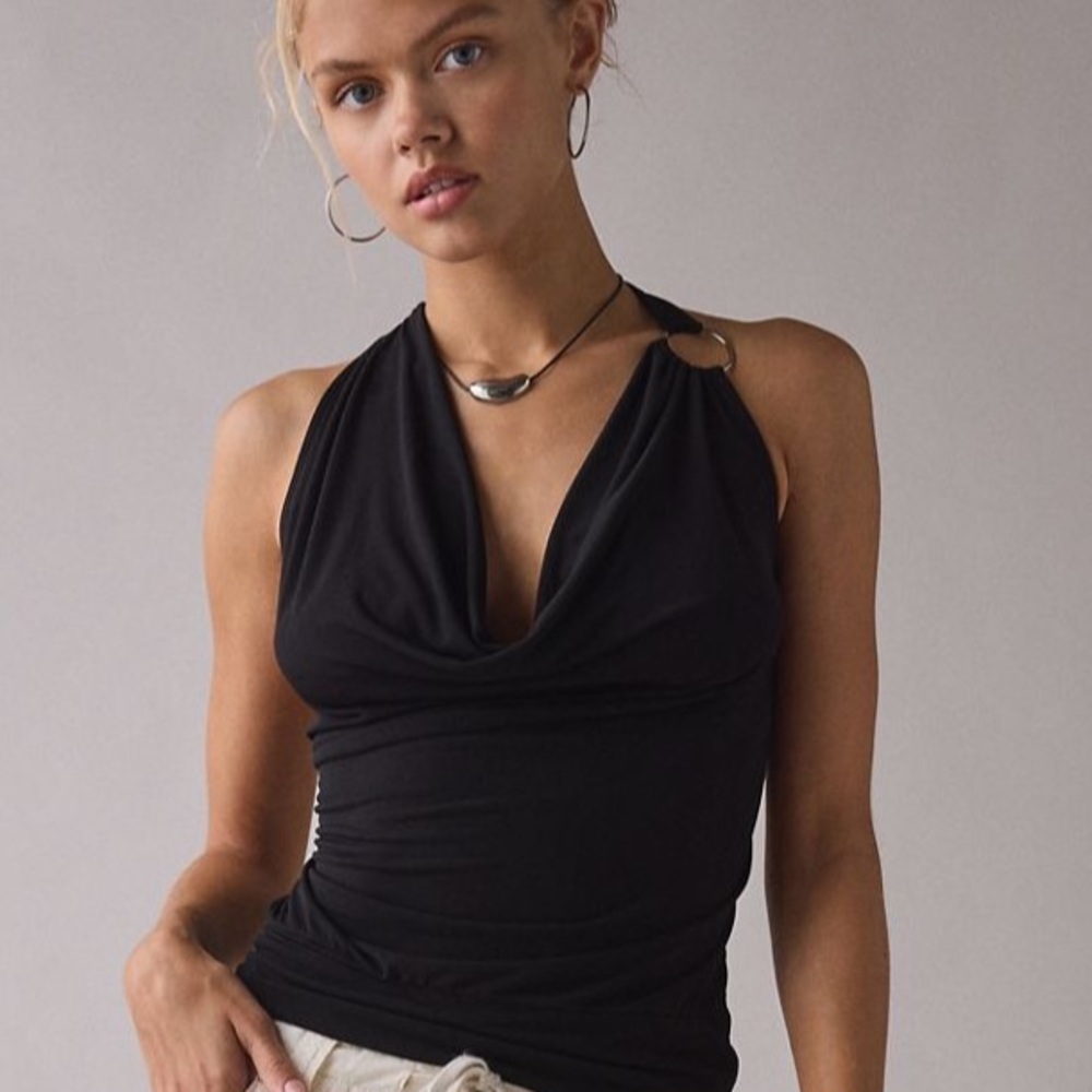 Urban Outfitters Crystal O-Ring Plunging Cowl Neck Halter Top Black